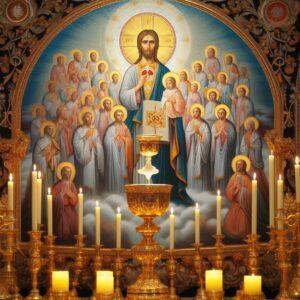 Sacerdoti in vesti liturgiche celebrano un rito religioso di fronte a un altare ornato.