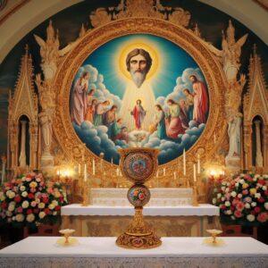 Un'icona raffigurante Gesù Cristo circondato da angeli e santi illumina l'interno della chiesa.
