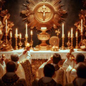 Arte sacra intricata e dorata adorna l'altare di una chiesa cristiana.
